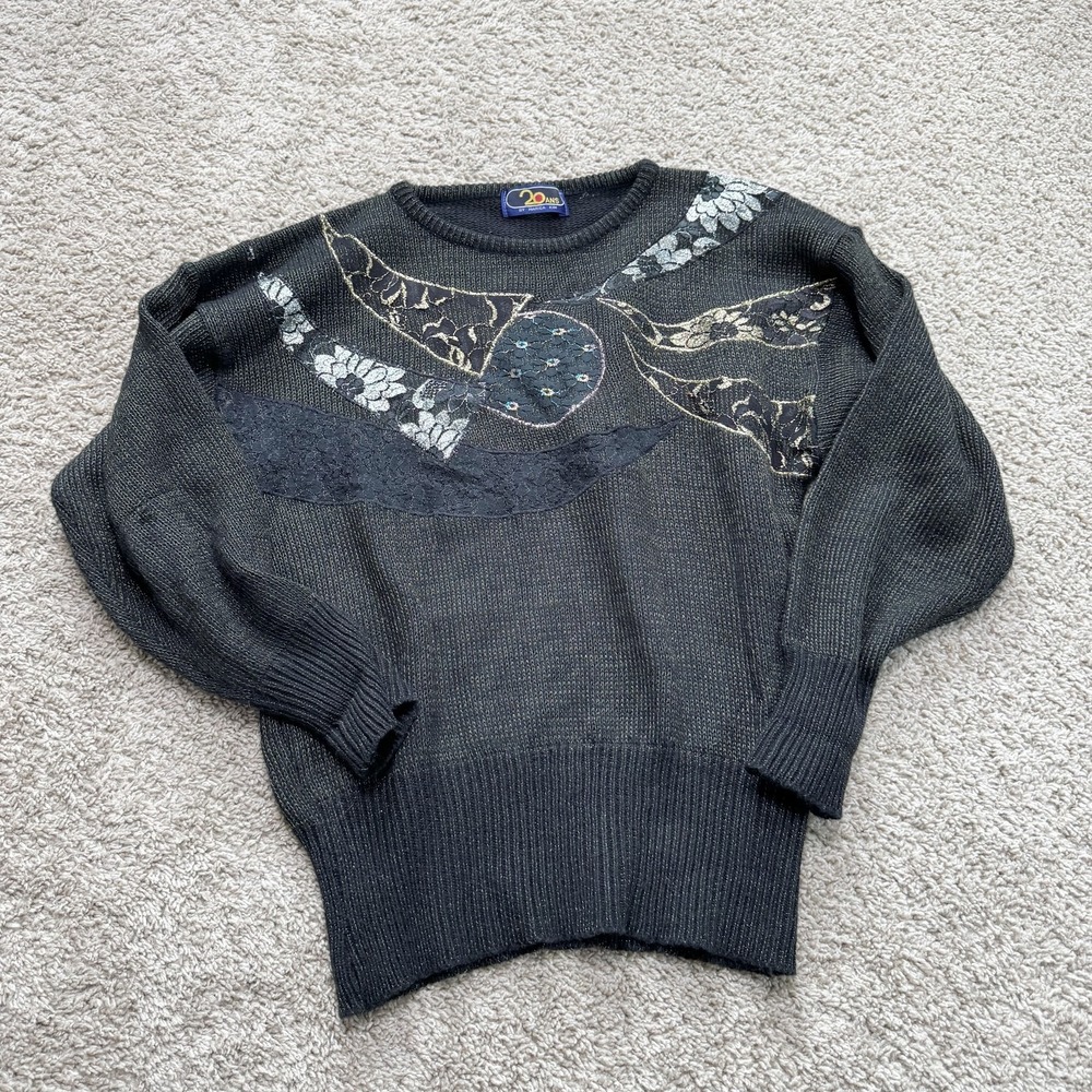 Vintage 20 Ans Sweater Womens Medium Metallic Knit Floral Lace Pullover 90s